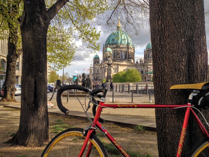 Riding a vintage roadie in central Berlin.